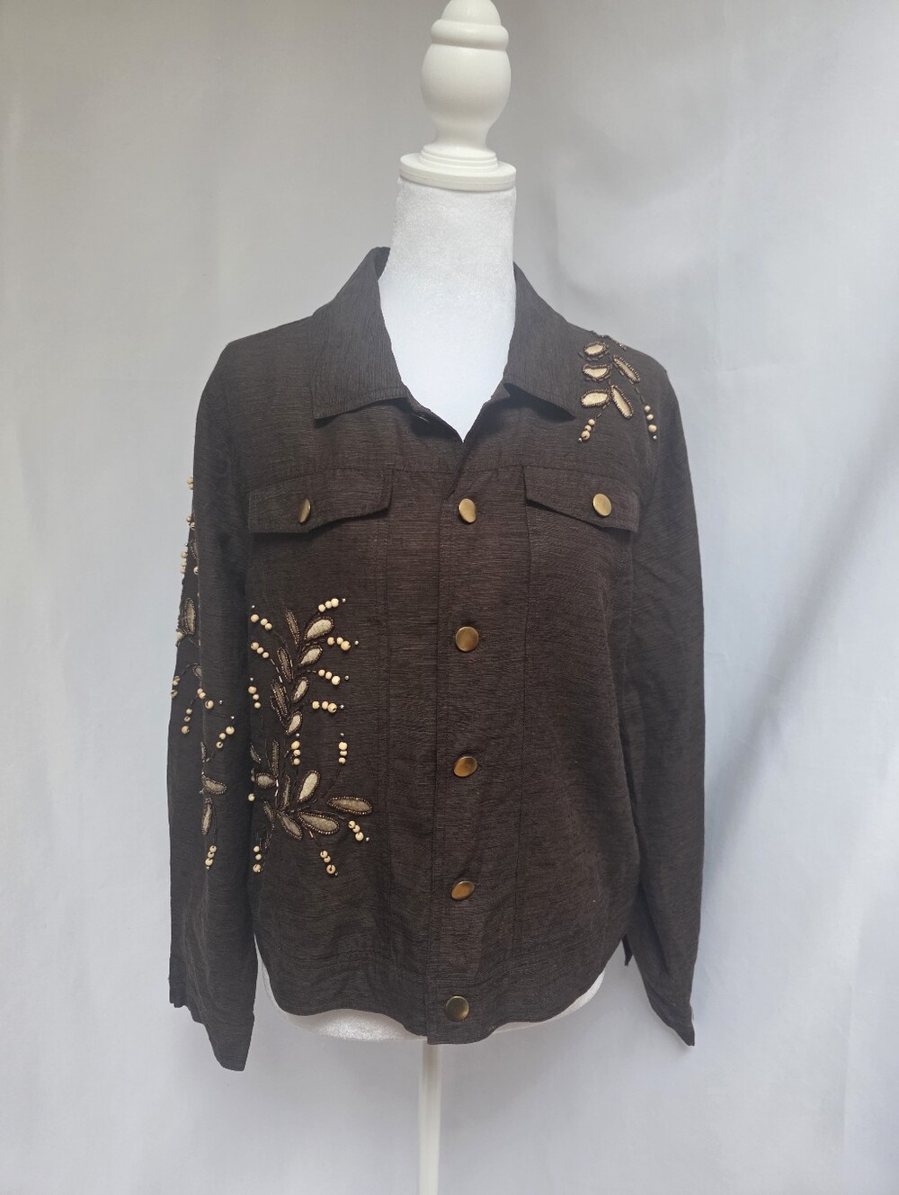 Saint Tropez West 75% Silk Beaded Embroidered Brown Jacket Size L